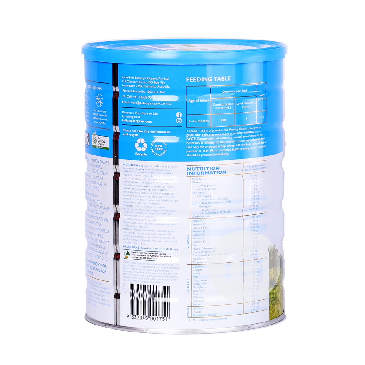 BELLAMY'S 澳洲貝拉米有機嬰兒奶粉2段900g*6罐 澳洲本土標準