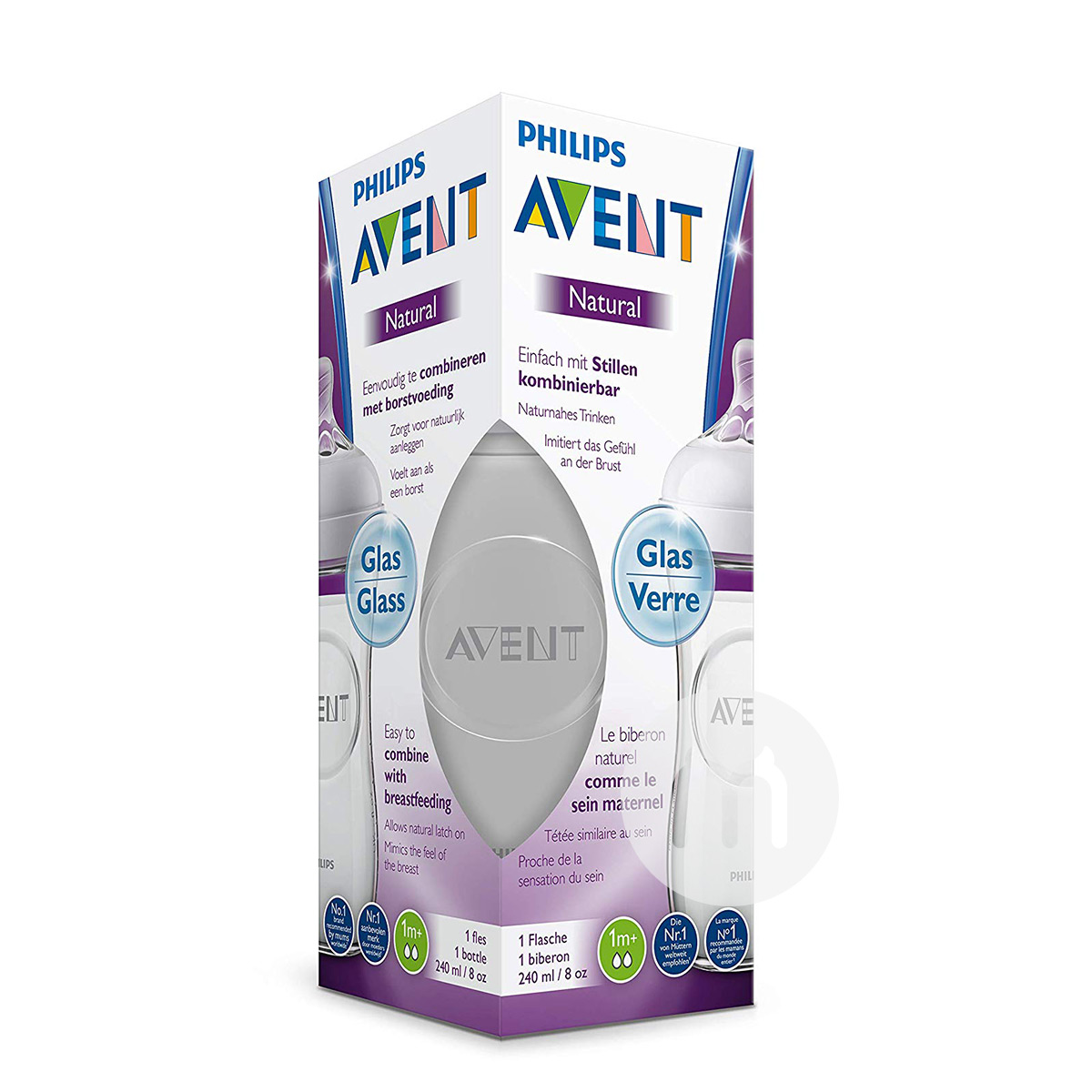PHILIPS AVENT 英國飛利浦新安怡寬口徑自然原生玻璃奶瓶240ml 0-6個月 海外本土原版