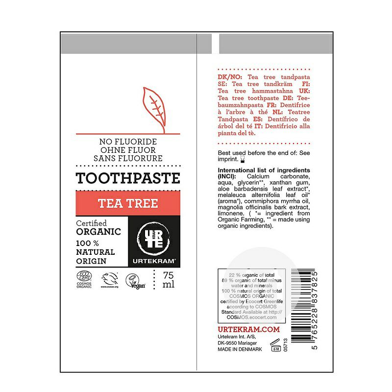URTEKRAM 丹麥亞緹克蘭茶樹有機無氟牙膏*2 海外本土原版