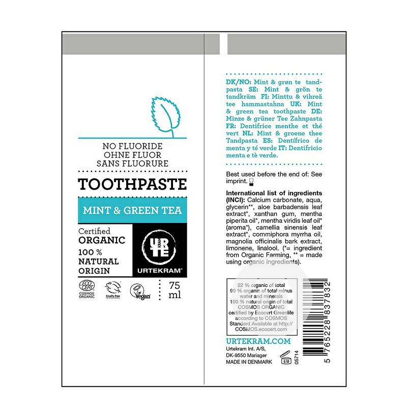 URTEKRAM 丹麥亞緹克蘭薄荷和綠茶有機無氟牙膏*2 海外本土原版