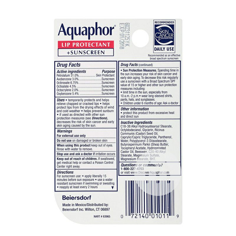 Aquaphor 美國Aquaphor修護防曬潤唇膏SPF30 海外本土原版