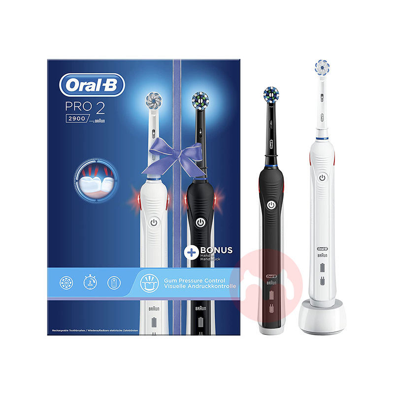 BRAUN 德國博朗oral-b PRO 2900電動牙刷兩隻裝+6個刷頭黑白 海外本土原版