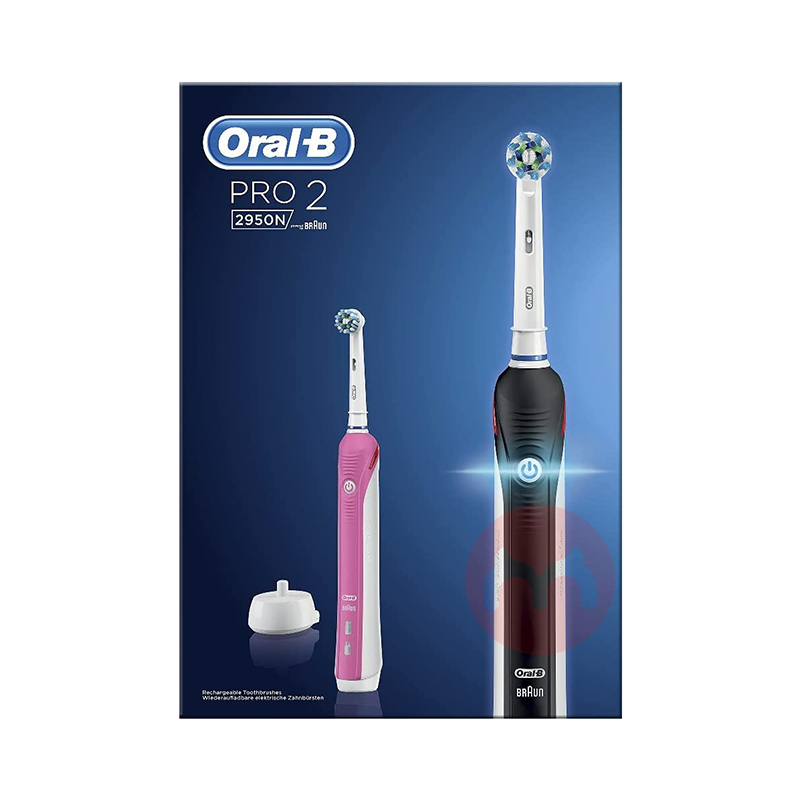 BRAUN 德國博朗oral-b PRO 2950電動牙刷兩隻裝+6個刷頭黑/粉 海外本土原版